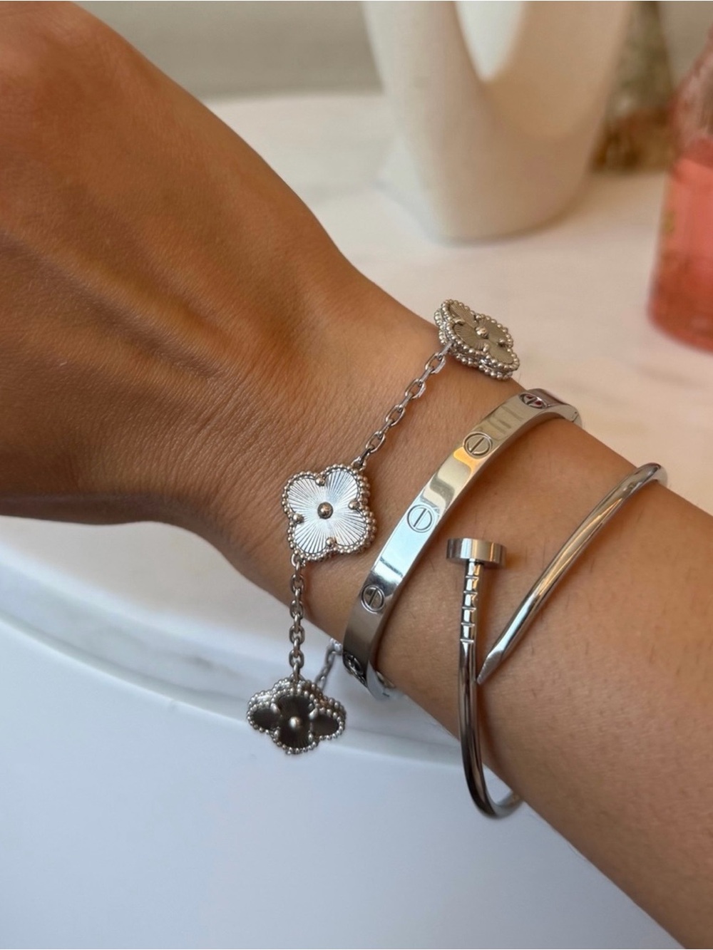 Silver Heart Accent Bangle Set in Pink Pouch - Women Accessories